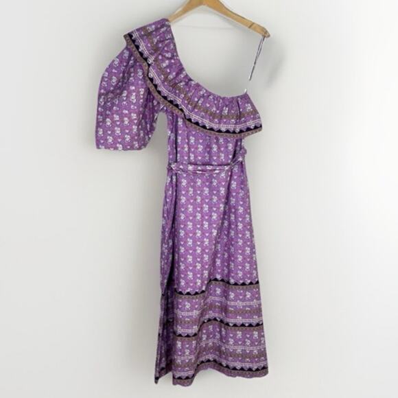 Sea NY Perry Border One Shoulder Floral Dress Lilac Puff Sleeve Midi Sz XS - Picture 4 of 10